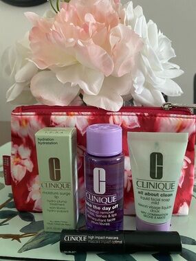 Clinique Pink Floral Cosmetic Pouch with Skincare Trio
